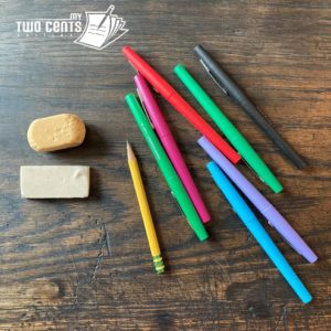 Photo by Meghan Pinson of erasers, pencil, and felt-tip pens with My Two Cents Editing watermark